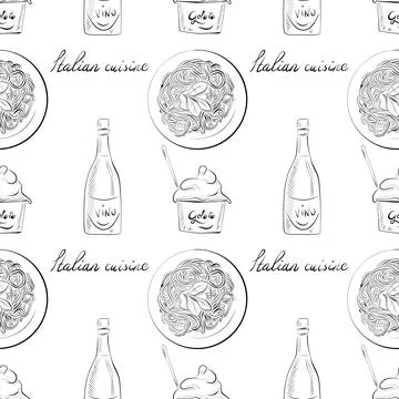 Vector seamless pattern line art elements - food, cuisine Stock Illustration
