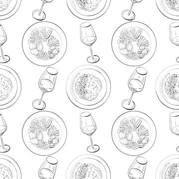Vector seamless pattern line art elements - food, cuisine Stock Illustration