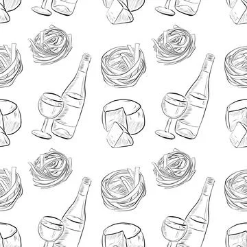 Vector seamless pattern line art elements - food, cuisine Stock Illustration