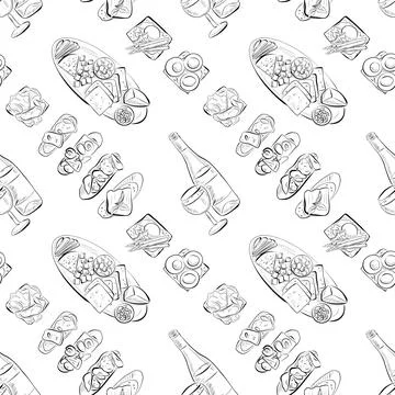 Vector seamless pattern line art elements - food, cuisine Stock Illustration