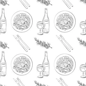 Vector seamless pattern line art elements - food, cuisine Stock Illustration