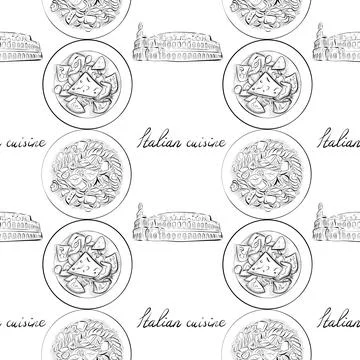 Vector seamless pattern line art elements - food, cuisine Stock Illustration