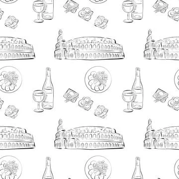 Vector seamless pattern line art elements - food, cuisine Stock Illustration