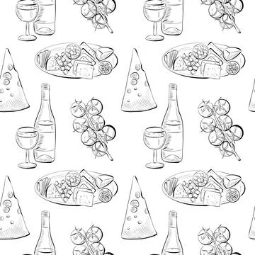 Vector seamless pattern line art elements - food, cuisine Stock Illustration