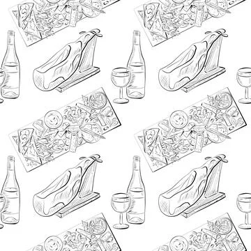 Vector seamless pattern line art elements - food, cuisine Stockillustratie