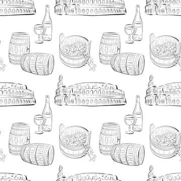 Vector seamless pattern line art elements - food, cuisine Stock Illustration