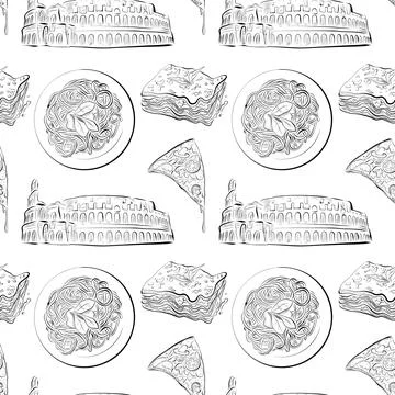 Vector seamless pattern line art elements - food, cuisine Stock Illustration