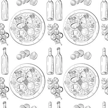 Vector seamless pattern line art elements - food, cuisine Stock Illustration