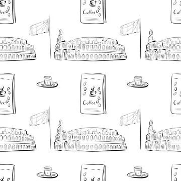 Vector seamless pattern line art elements - drink, cuisine 스톡 일러스트