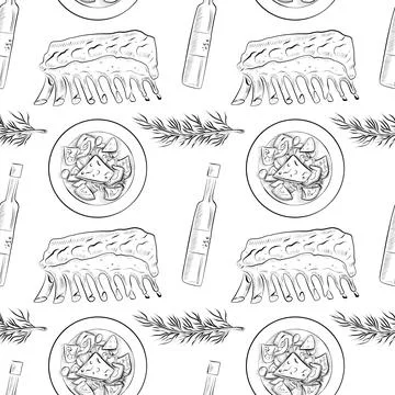 Vector seamless pattern line art elements - food, cuisine Stock Illustration