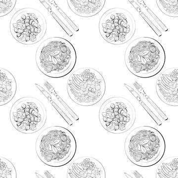Vector seamless pattern line art elements - food, cuisine Stock Illustration