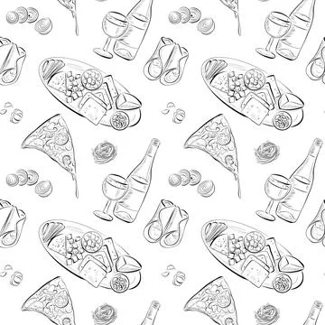 Vector seamless pattern line art elements - food, cuisine Stockillustratie
