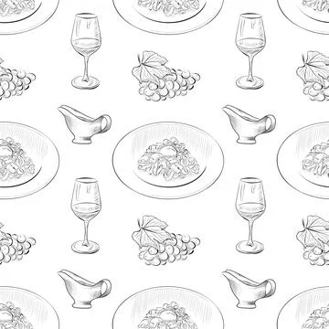 Vector seamless pattern line art elements - food, cuisine 스톡 일러스트