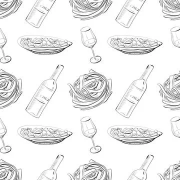Vector seamless pattern line art elements - food, cuisine Stock Illustration