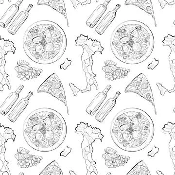 Vector seamless pattern line art elements - food, cuisine Stockillustratie