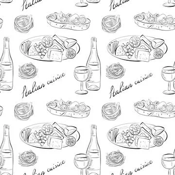Vector seamless pattern line art elements - food, cuisine Stock Illustration