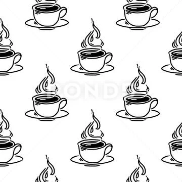 Vector seamless pattern with linear hand drawn cups of coffee or tea with ste Stockillustratie