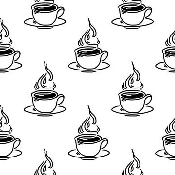 Vector seamless pattern with linear hand drawn cups of coffee or tea with ste Stock Illustration