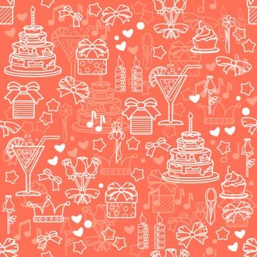 Vector seamless pattern with linear icons for birthday celebrations. Stock Illustration