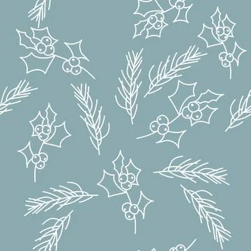 Vector. Seamless pattern with linear leaves, berries, holly and spruce branches. Stock Illustration