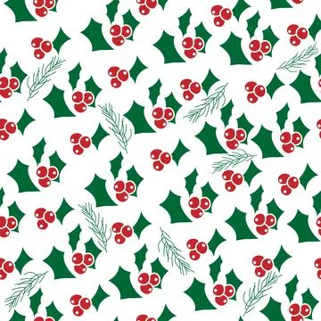 Vector. Seamless pattern with linear leaves, berries, holly and spruce branches. Stockillustratie