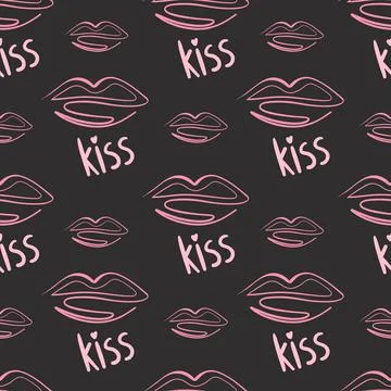 Vector seamless pattern with lips and text kiss, hand-drawn pink elements on  Ilustración de archivo