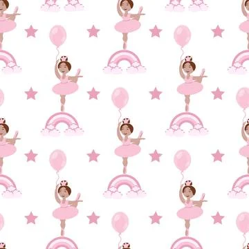 Vector seamless pattern with a little ballerina girl, balloons and a rainbow Illustrazione stock