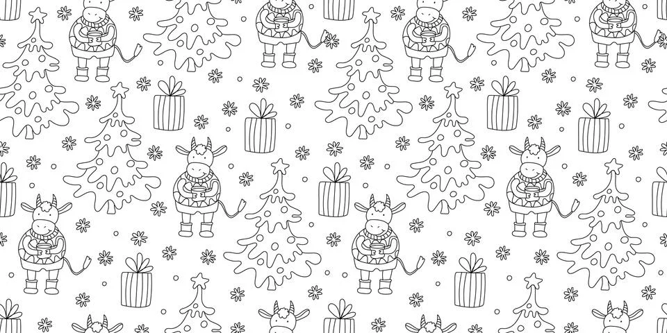 Vector seamless pattern with little bull, gift boxes and Christmas tree doodle. Illustrazione stock