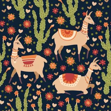 Vector seamless pattern with Llama and cacti. Stock Illustration