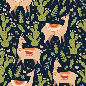 Vector seamless pattern with Llama and cacti. Stock Illustration