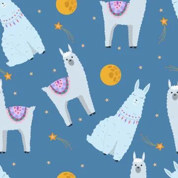 Vector seamless pattern with llama or alpaca in space. Cute cosmic background Stock Illustration