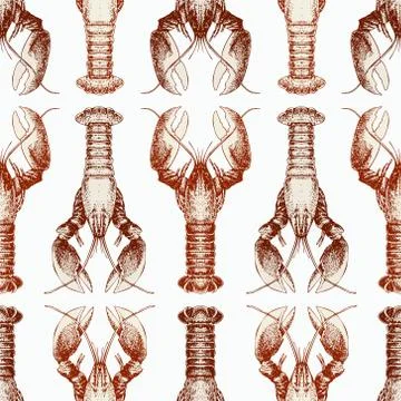 Vector seamless pattern with lobsters. Retro omar lillustration. Hand drawn s Stock Illustration