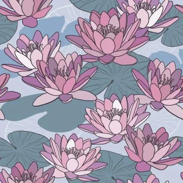 Vector seamless pattern with lotus flowers Stock Illustration