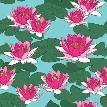 Vector seamless pattern with lotus flowers Stock Illustration