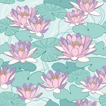 Vector seamless pattern with lotus flowers Stock Illustration