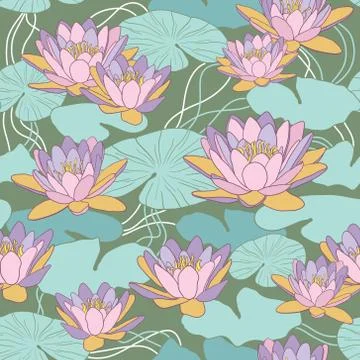 Vector seamless pattern with lotus flowers Stock Illustration