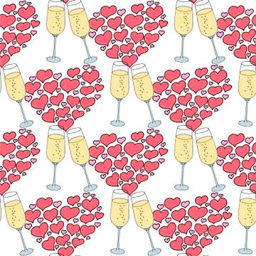 Vector seamless pattern on love theme. Valentine's day seamless wine glass and Stock Illustration