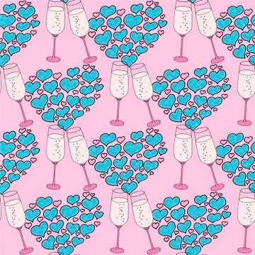Vector seamless pattern on love theme. Valentine's day seamless wine glass and Stock Illustration
