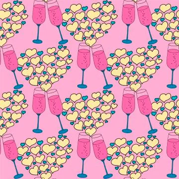 Vector seamless pattern on love theme. Valentine's day seamless wine glass and Stock Illustration