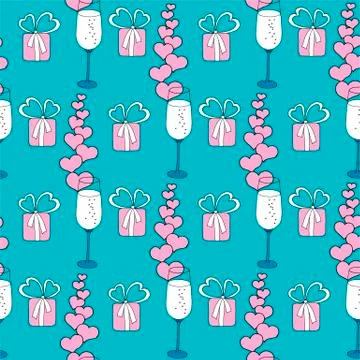 Vector seamless pattern on love theme. Valentines day seamless wine glass and Stock Illustration