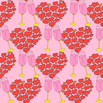 Vector seamless pattern on love theme. Valentines day seamless wine glass and Stock Illustration