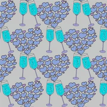 Vector seamless pattern on love theme. Valentines day seamless wine glass and Stock Illustration