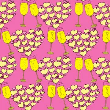 Vector seamless pattern on love theme. Valentines day seamless wine glass and Stock Illustration