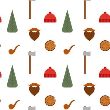 Vector seamless pattern with lumberjack icons: mustache, tree, axe, beanie, p Stock Illustration