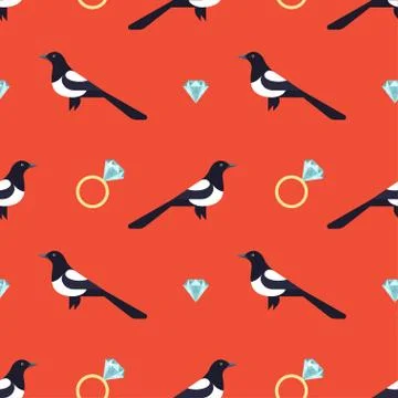 Vector seamless pattern with luxury golden rings and magpies. Stock Illustration