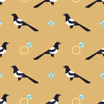 Vector seamless pattern with luxury golden rings and magpies. Stock Illustration