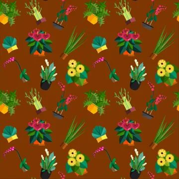 Vector seamless pattern made of home plants and flowers Stock Illustration
