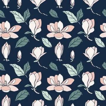 Vector seamless pattern with magnolia flower silhouette in soft pastel color on Stock Illustration