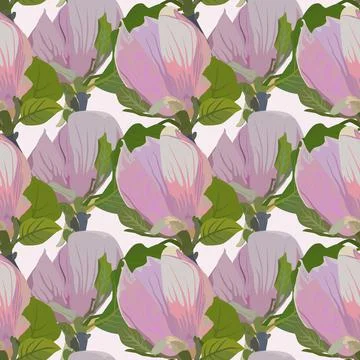 Vector seamless pattern with magnolia tree flowers. Spring floral background. Stock Illustration