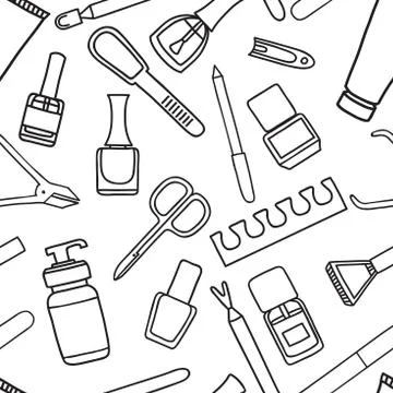 Vector seamless pattern of manicure and pedicure doodle equipmen Stock Illustration